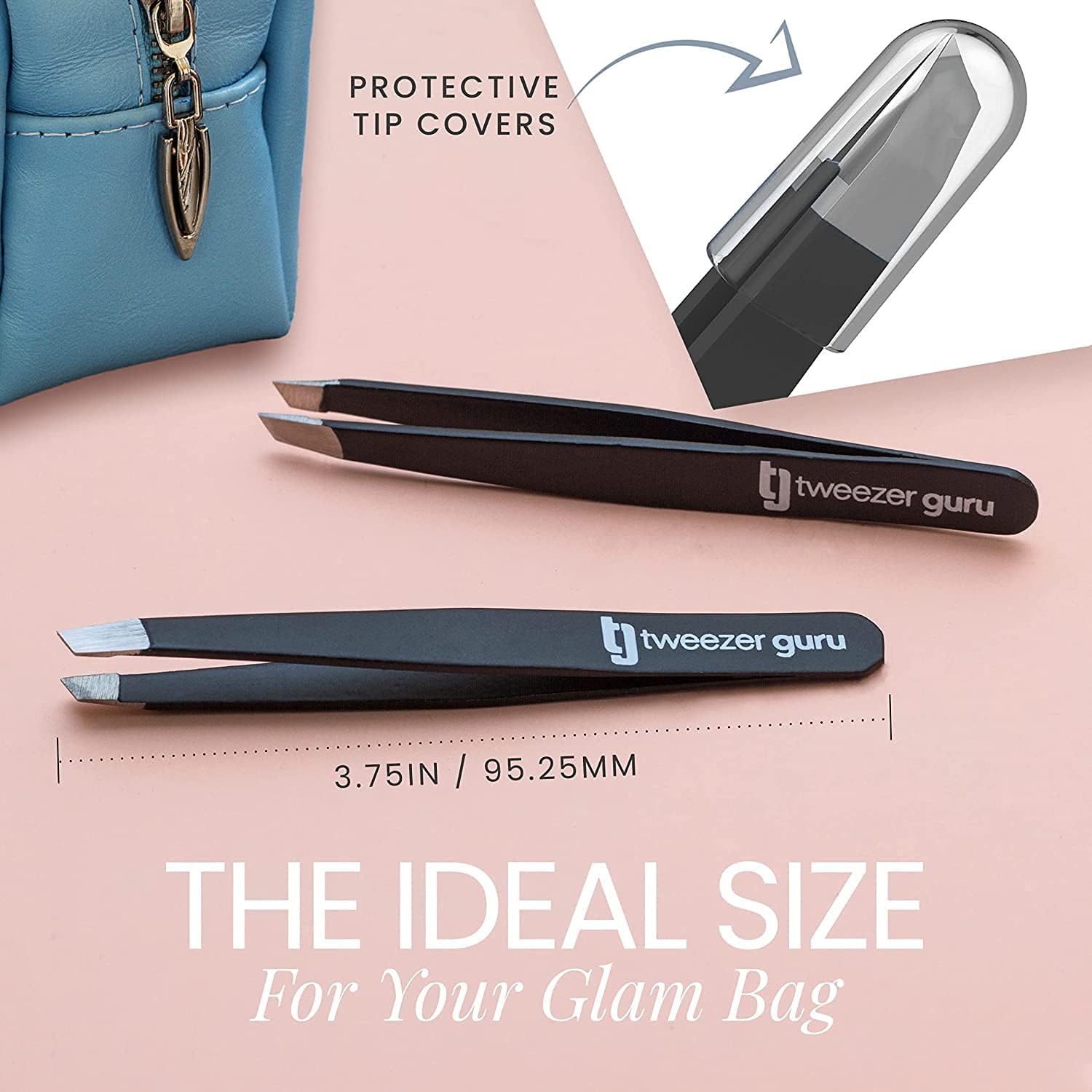 Tweezer Guru Tweezers for Women - 2pc Slant Pointed Precision Tweezers for Eyebrows &amp; Ingrown Hair Removal - Blackhead and Splinter Tweezer with Sharp Needle Nose Point for Plucking (Black)