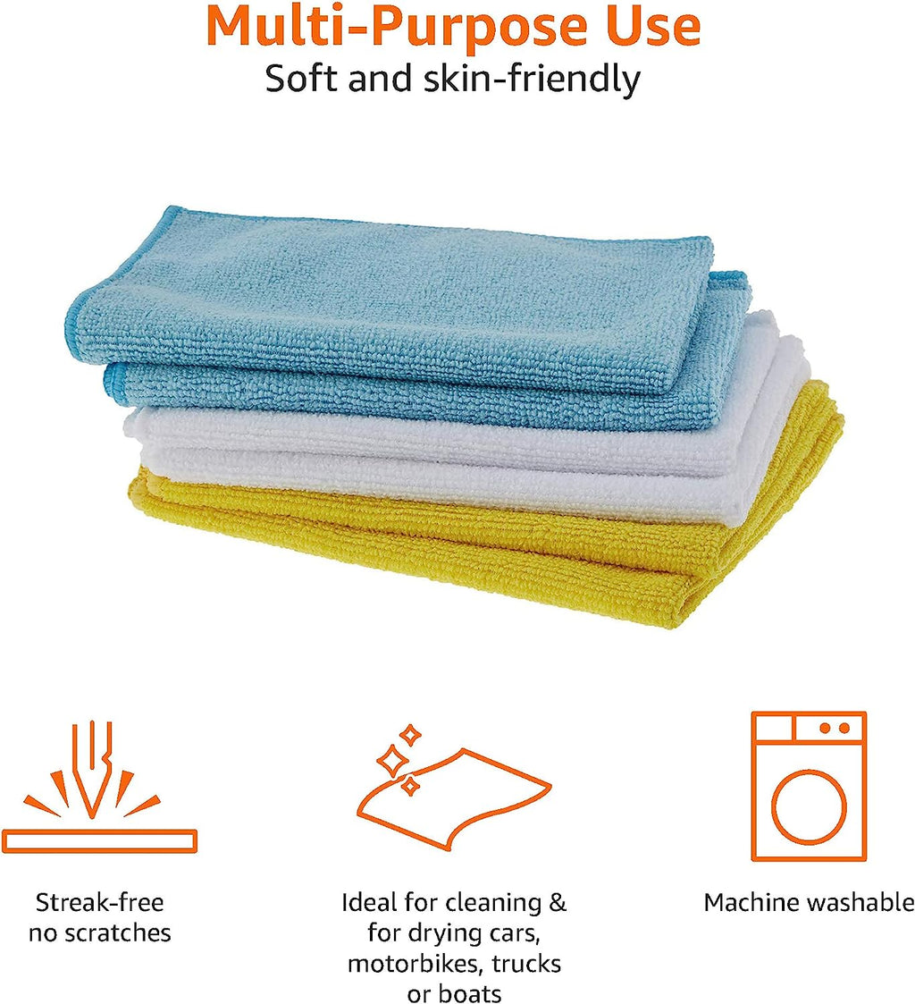 Amazon Basics Microfiber Cleaning Cloth, Non-Abrasive, Reusable and Washable, Pack of 144, Blue/White/Yellow, 16" x 12"