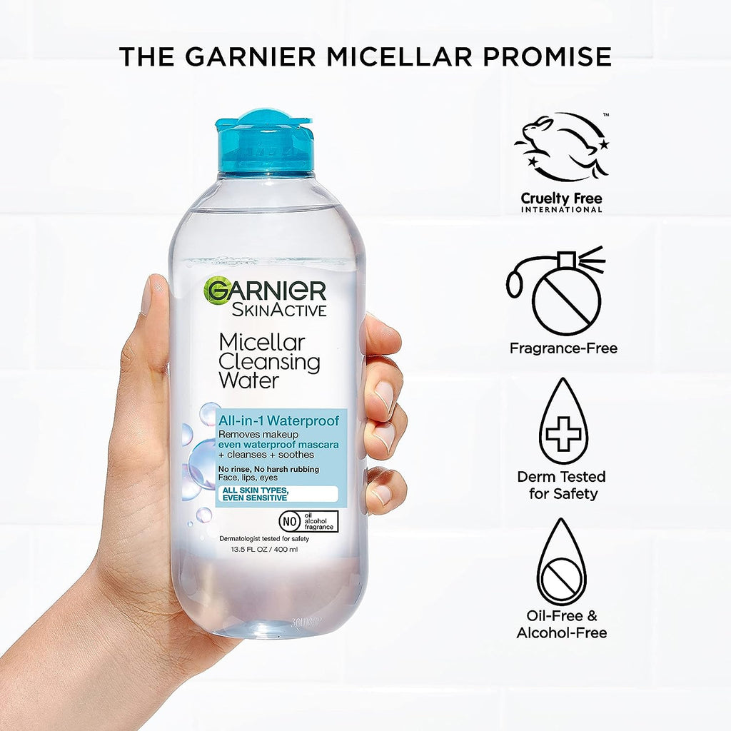 Garnier SkinActive Micellar Water For Waterproof Makeup, Facial Cleanser &amp; Makeup Remover, 13.5 Fl Oz (400mL), 2 Count (Packaging May Vary)