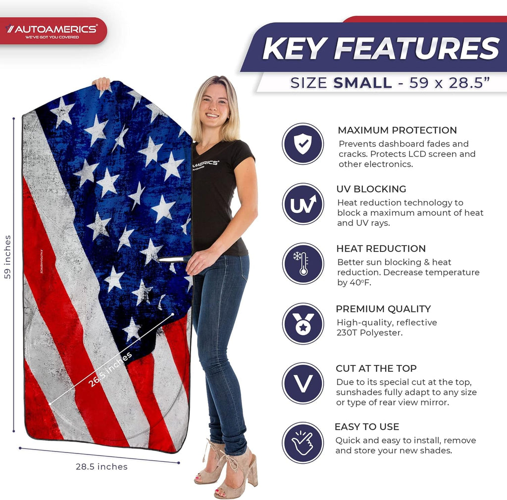 Autoamerics 1-Piece Windshield Sun Shade Grunge American Flag - 4 USA  - Foldable Car Front Window Sunshade for Most Sedans SUV Truck - Blocks Max UV Rays and Keeps Your Vehicle Cool - Small