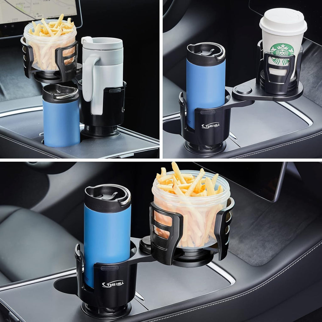 2 in 1 Large Car Cup Holder Extender Adapter THIS HILL with Adjustable Base, Wider Diameter, Universal Car Cup Holder and Organizer for Snack Bottles Cups Drinks Upgraded