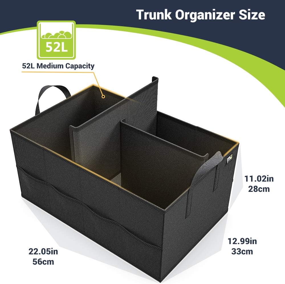 MIU COLOR Car Trunk Organizer with 8 Mesh Pockets, 52L Collapsible Cargo Storage Containers with Strap Handle for Sedan SUV, Black