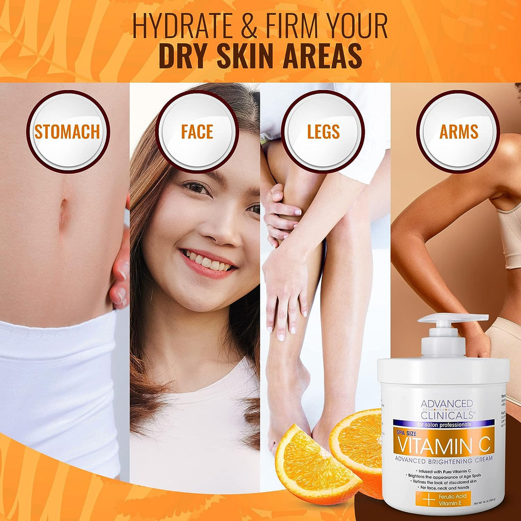 Advanced Clinicals Vitamin C Cream Face Lotion &amp; Body Lotion Moisturizer | Anti Aging Skin Care Firming &amp; Brightening Cream For Body, Face, Uneven Skin Tone, Wrinkles, &amp; Sun Damaged Dry Skin, 16 Oz