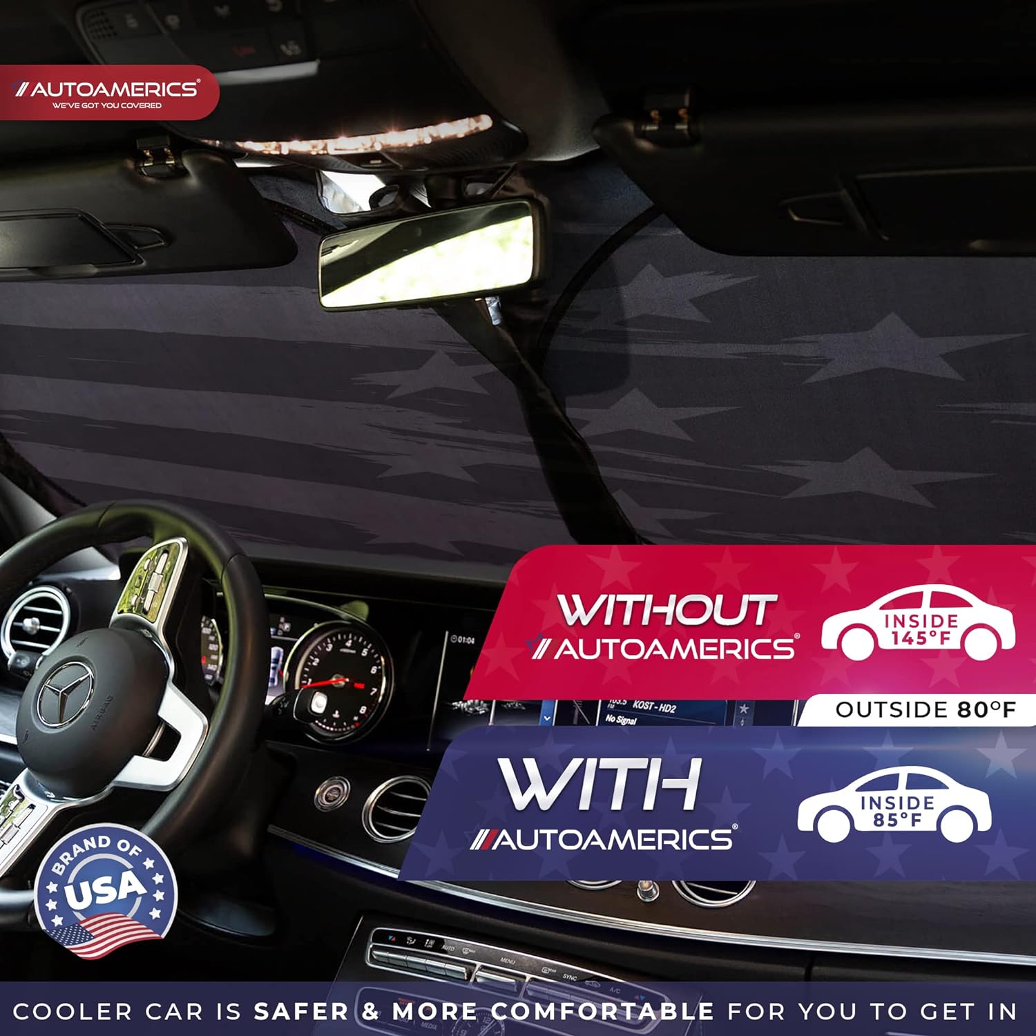 Autoamerics 1-Piece Windshield Sun Shade B&amp;W Art American Flag USA  - Foldable Car Front Window Sunshade for Most Sedans SUV Truck - Blocks Max UV Rays and Keeps Your Vehicle Cool - Medium