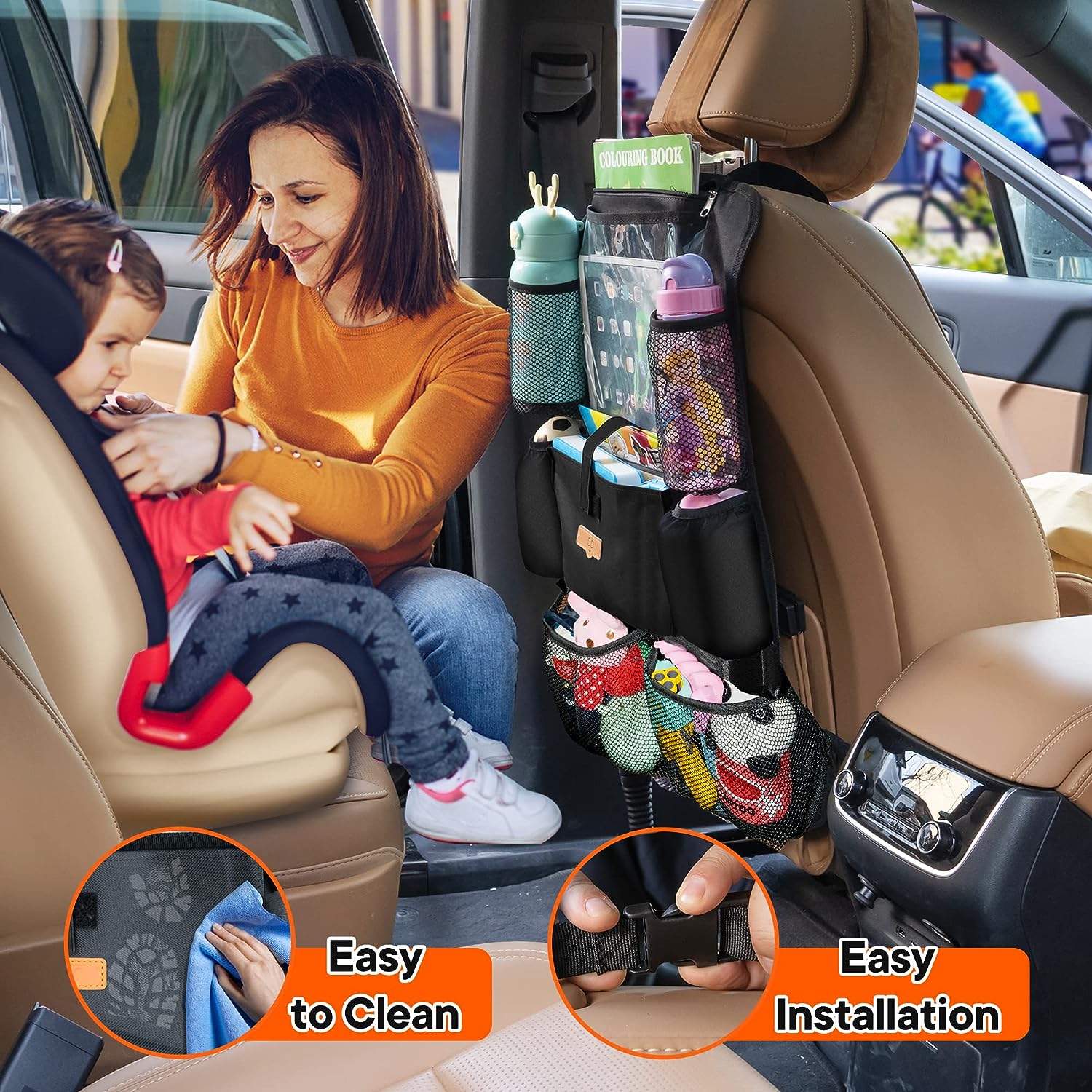 SURDOCA Car Organizers and Storage - Car Seat Organizer with 10.5-inch Clear Tablet Pocket, 4th Generation Backseat Car Organizer with 9 Pockets, Car Accessories for Kids, 2 Pack