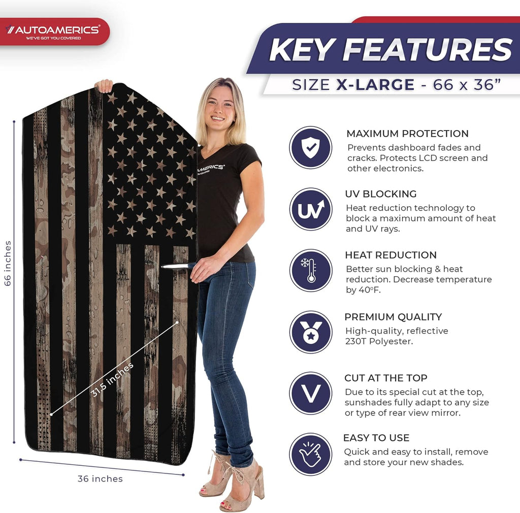 Autoamerics 1-Piece Windshield Sun Shade Brown Camo American Flag USA  - Foldable Car Front Window Sunshade for Most Sedans SUV Truck - Blocks Max UV Rays and Keeps Your Vehicle Cool - X-Large