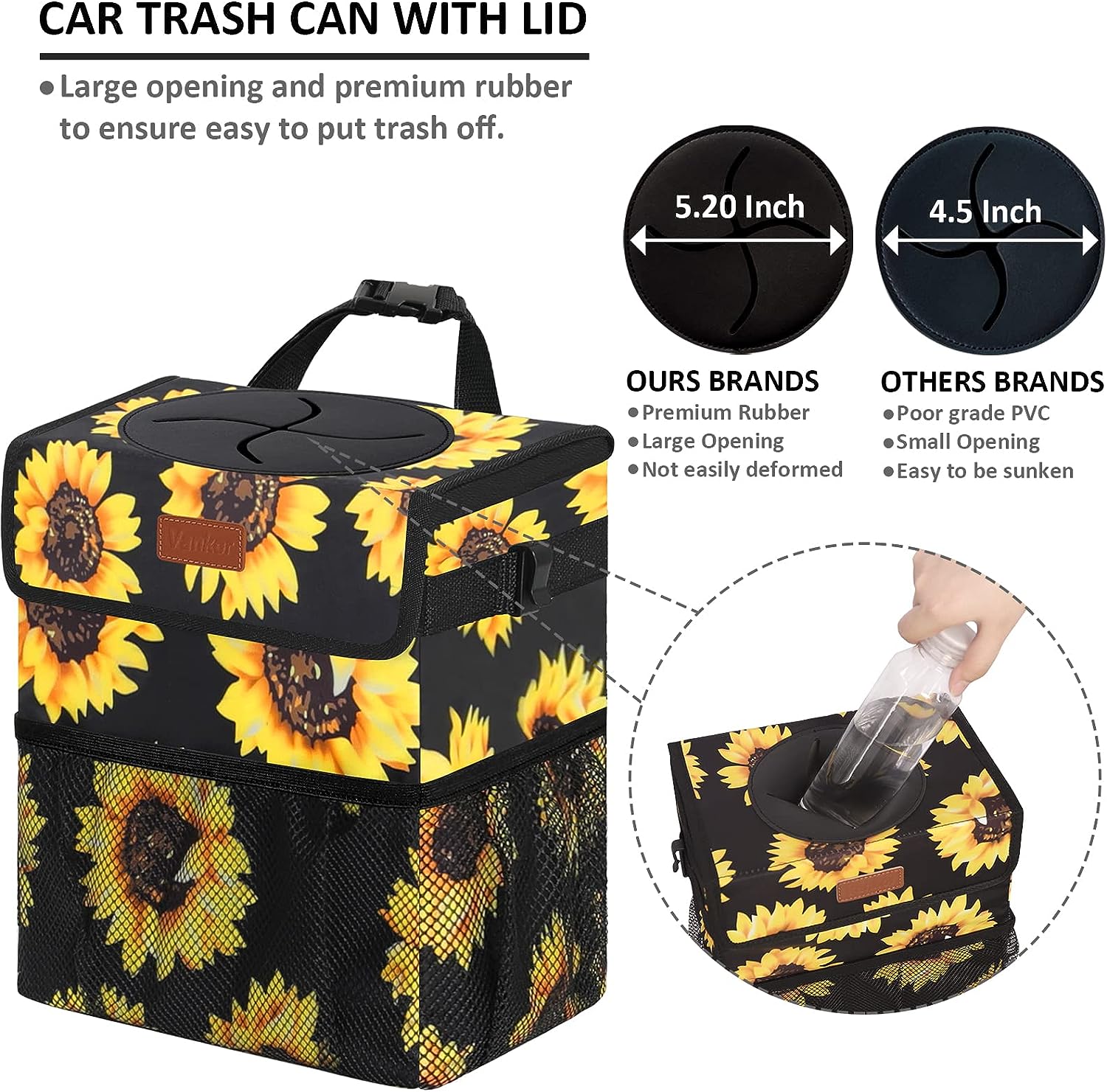 Vankor Cute Trash Can for Automotive Car, Trash Bag Bin Hanging Waterproof Leak Proof Vehicle Garbage Cans Sunflower