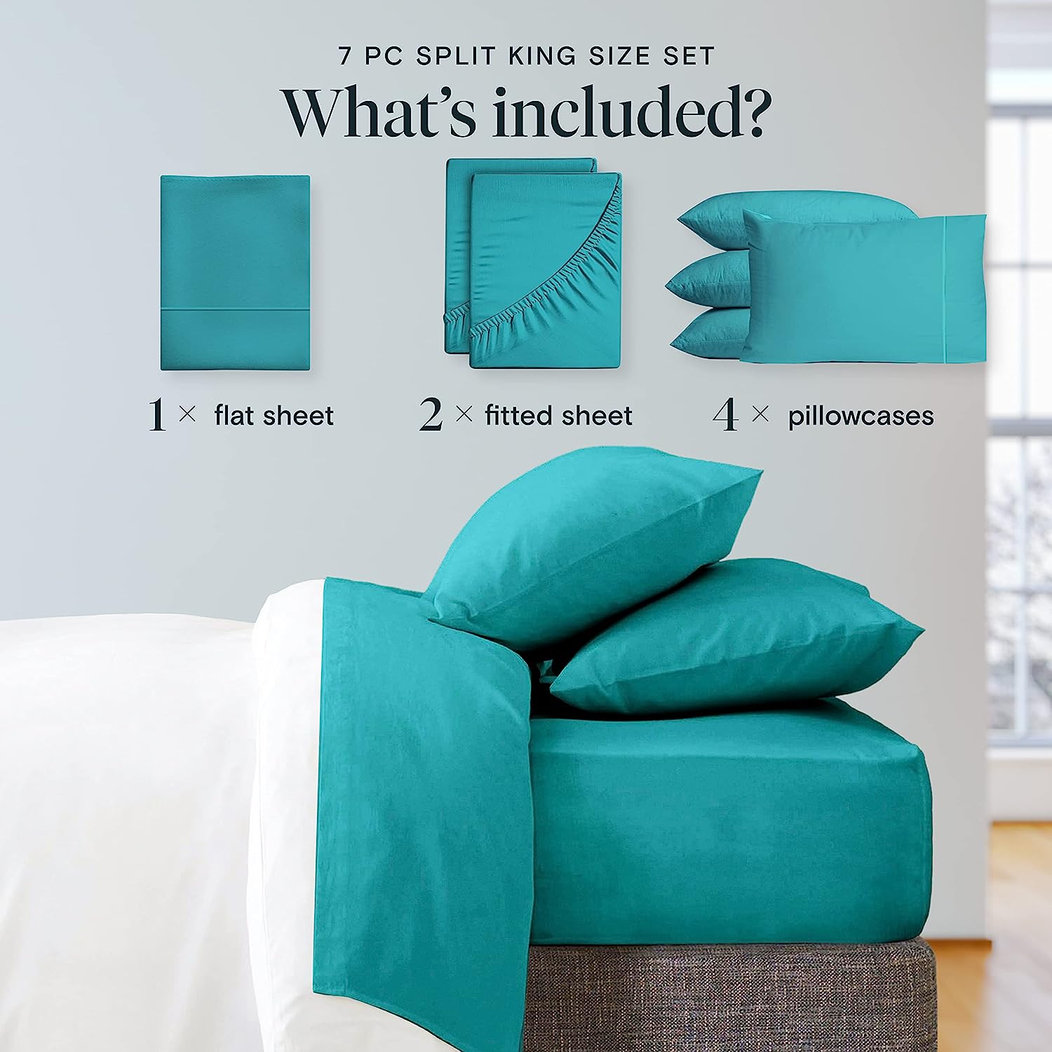 LuxClub 7 PC Split King Sheet Set Bamboo Sheets Deep Pockets 18" Eco Friendly Wrinkle Free Cooling Sheets Machine Washable Hotel Bedding Silky Soft - Silver Split King