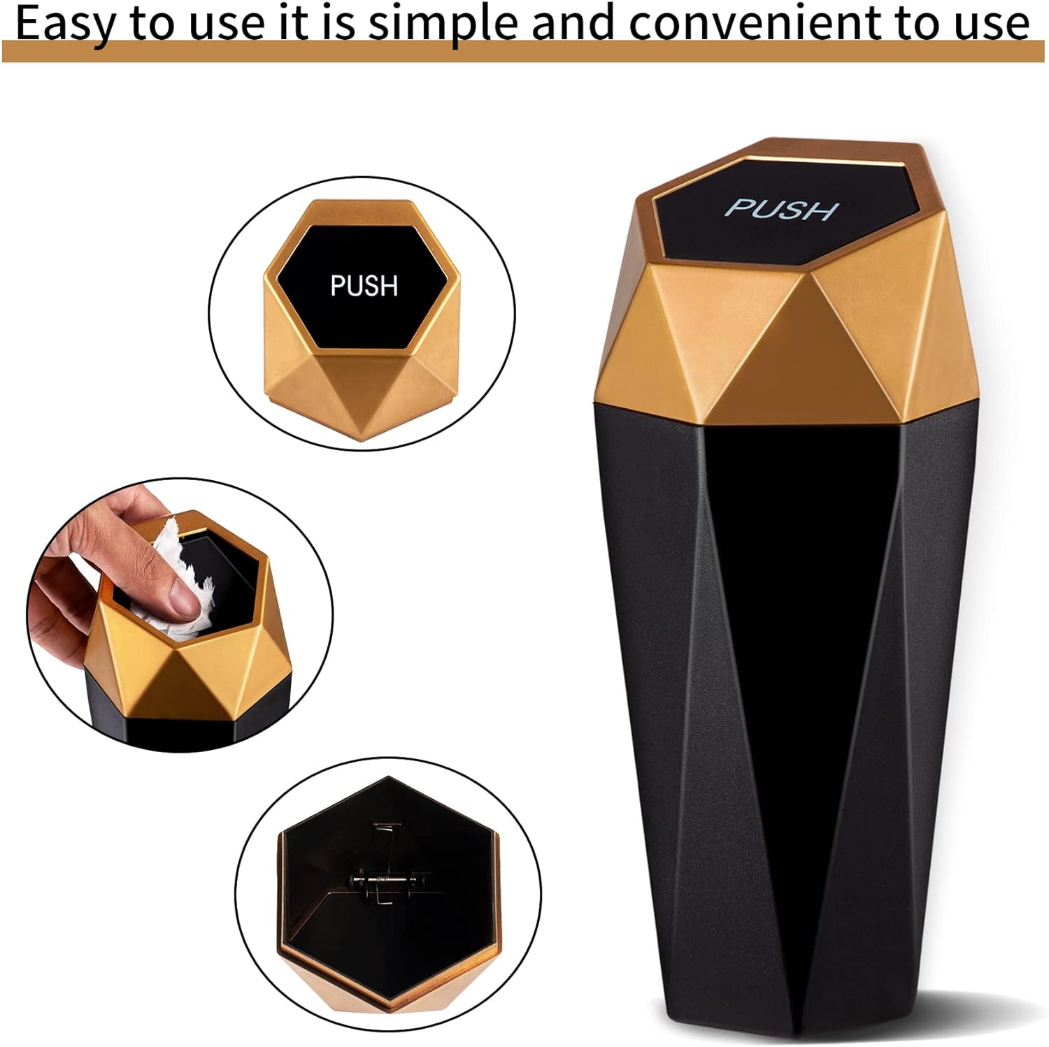 JUSTTOP Car Trash Can with Lid, Diamond  Small Automatic Portable Trash Can, Easy to Clean, Used in Car Home Office Interior Accessories, 2PCS(Gold)