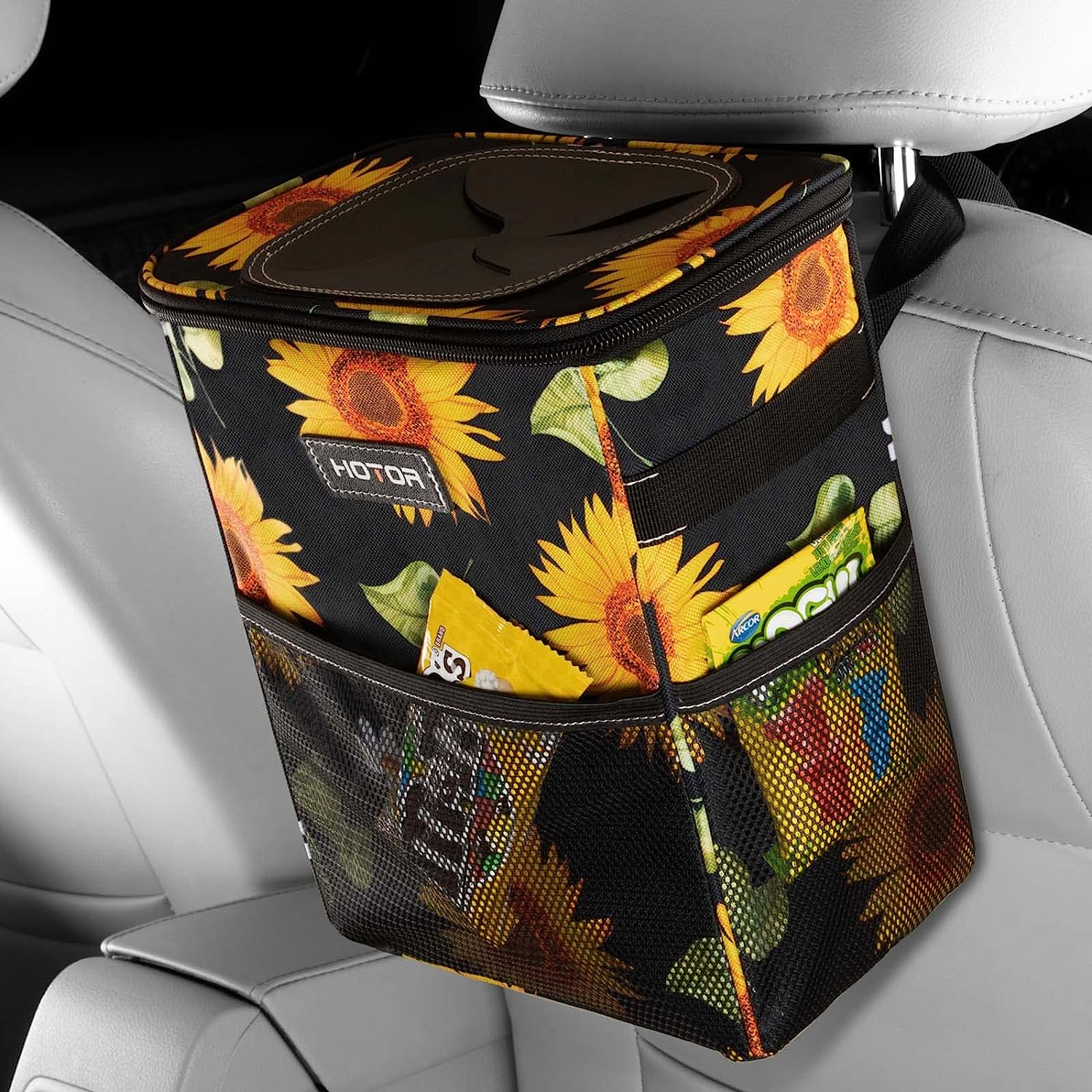 HOTOR Car Trash Can with Lid and Storage Pockets, 100% Leak-Proof Car Organizer, Waterproof Car Garbage Can, Multipurpose Trash Bin for Car - Sunflower
