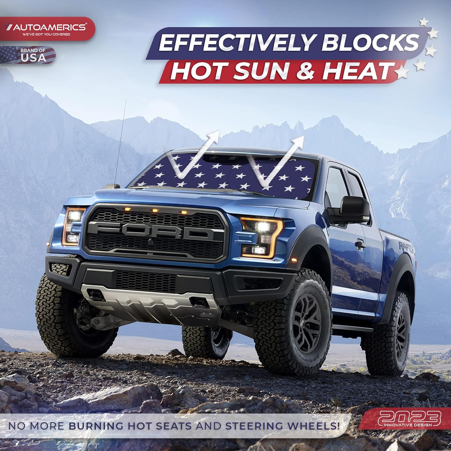 Autoamerics 1-Piece Windshield Sun Shade American Stars Flag USA Patriotic  - Foldable Car Front Window Sunshade for Sedans SUV Truck - Blocks Max UV Rays and Keeps Your Vehicle Cool - Large