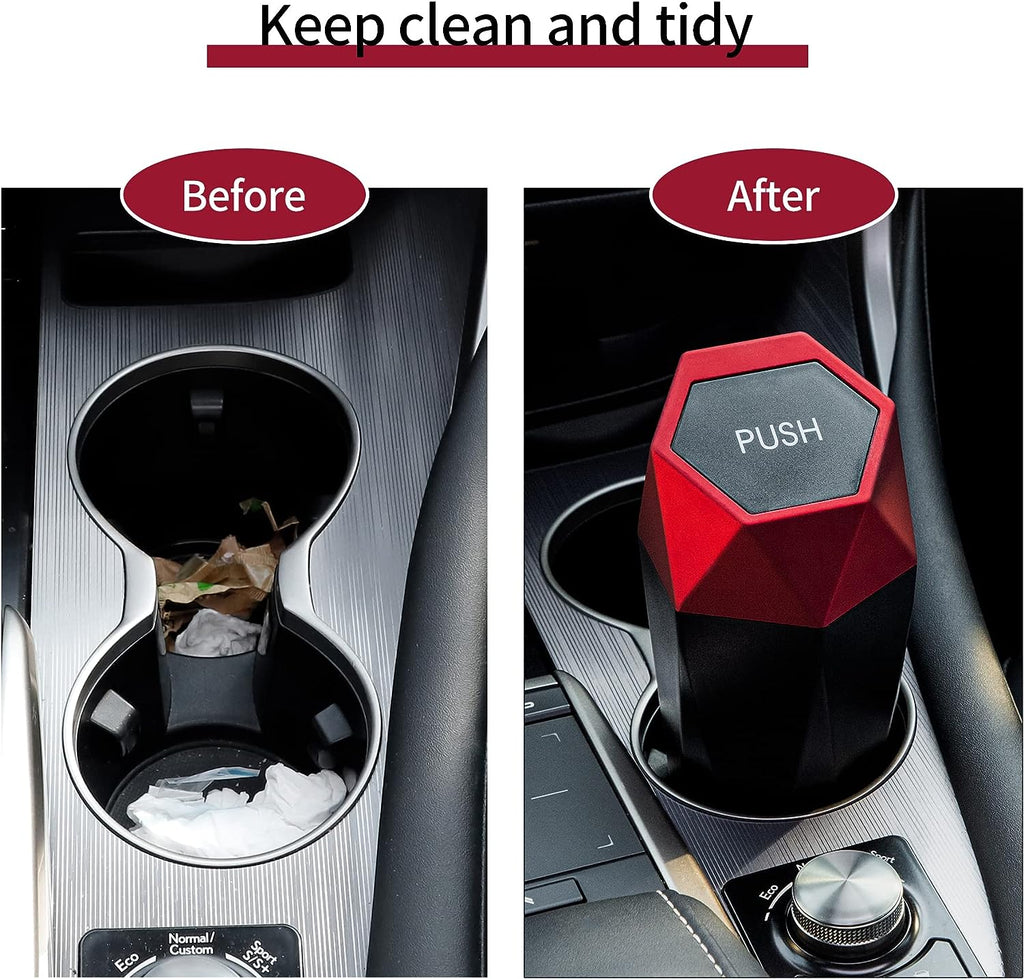 JUSTTOP Car Trash Can with Lid, Diamond  Small Automatic Portable Trash Can, Easy to Clean, Used in Car Home Office Interior Accessories, 2PCS (Red)