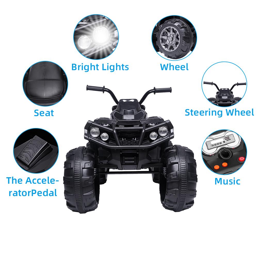 Clearance! Kids 12v Ride ON Toys, Battery Powered Ride ON Toys Car, 4-Wheeler ATV Ride ON Car w/ 3.7mph Max, 2 Speed, LED Lights, AUX Jack, Radio, Electric Motorcycle for Boys/Girls, Black, W1890