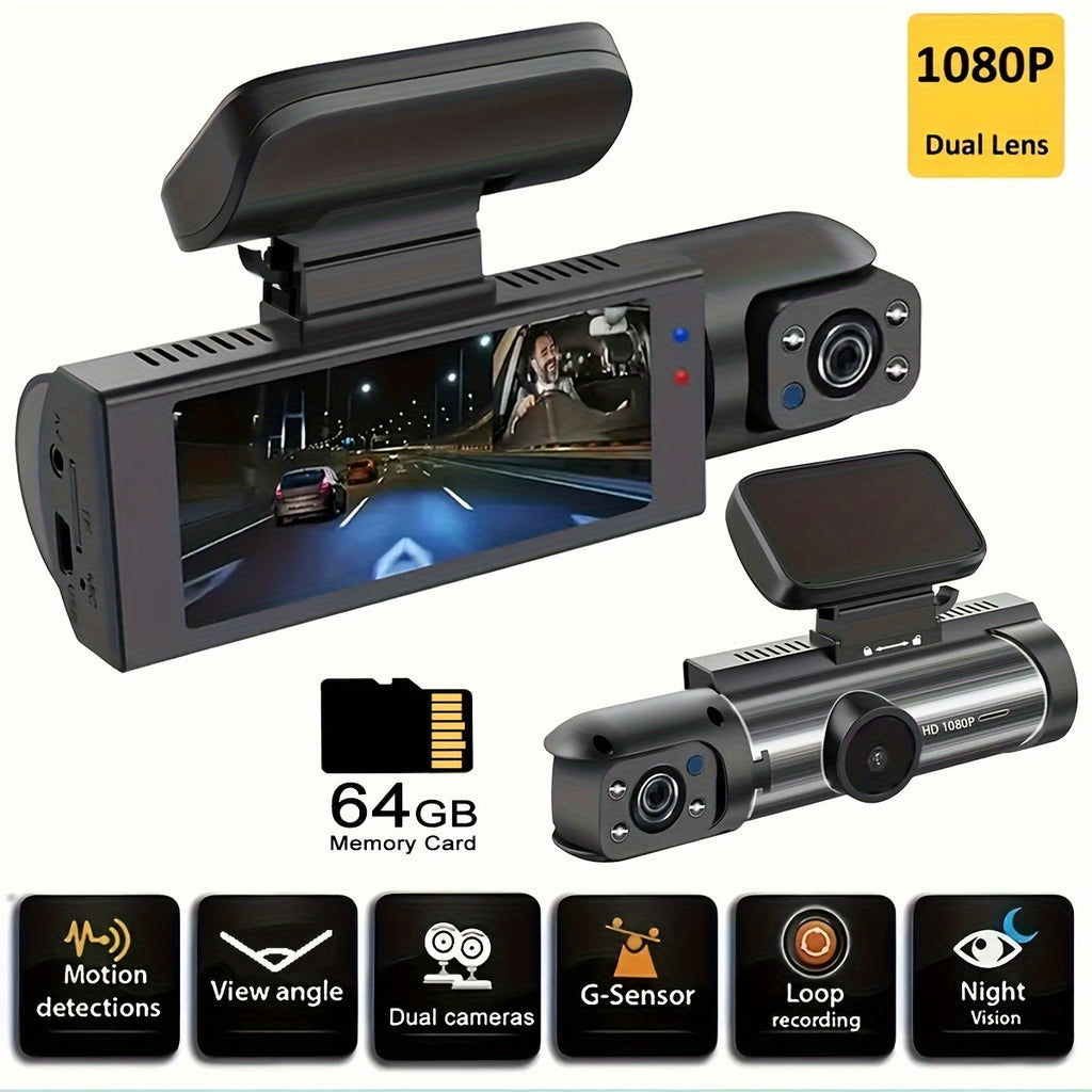64GB Card,Dash Cam For Cars,1080P Dual Camera, Front Inside,3.16 Inch IPS Screen,G Sensor High Definition Night Vision Loop Record,Wide Angle