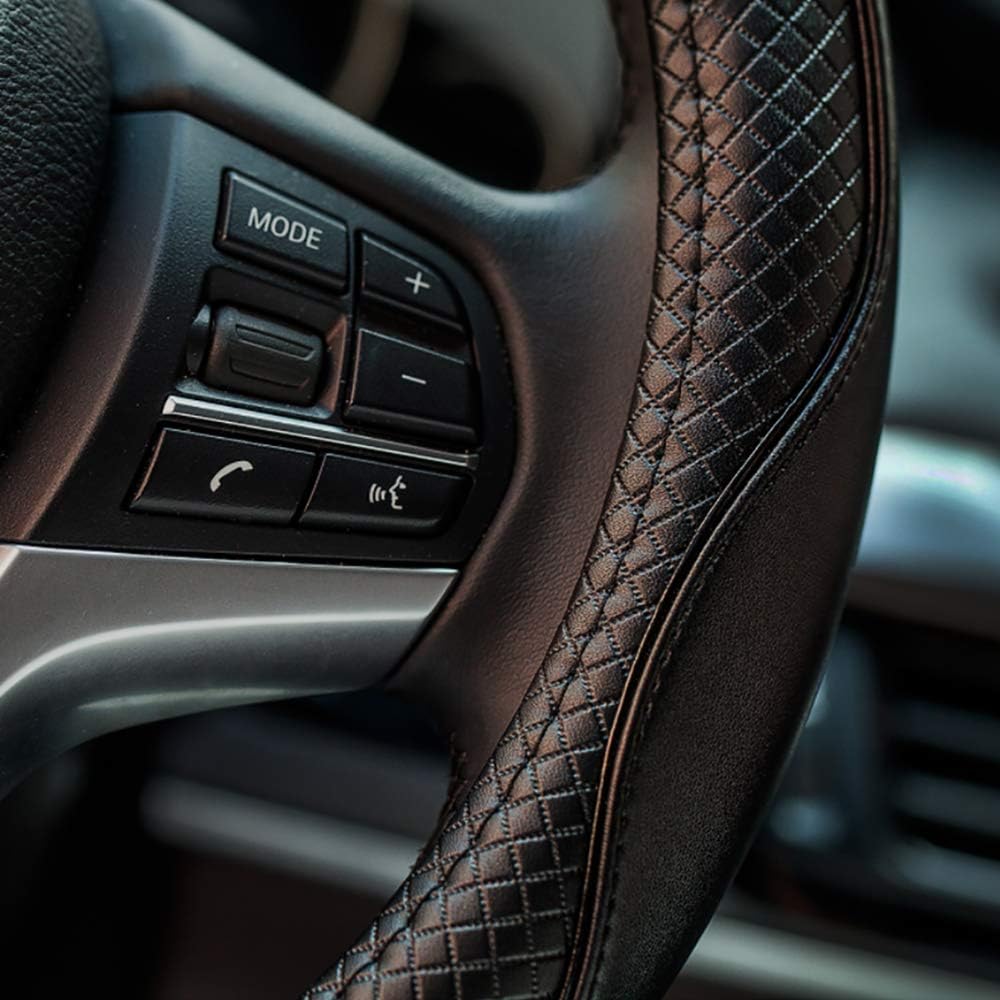 Valleycomfy Steering Wheel Covers Universal 15.75 inch - Genuine Leather, Breathable, Anti Slip &amp; Odor (Black with Black Lines, L(15" 1/2-16"))