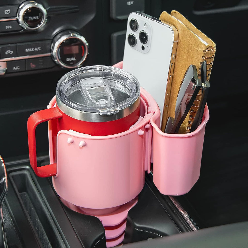 JoyTutus Cup Holder with Storage Box, Cup Holder Expander for Car, Large Car Cup Holder Adapt Most Regular Cup Holder 18-40oz, with Attached Organizer, Pink