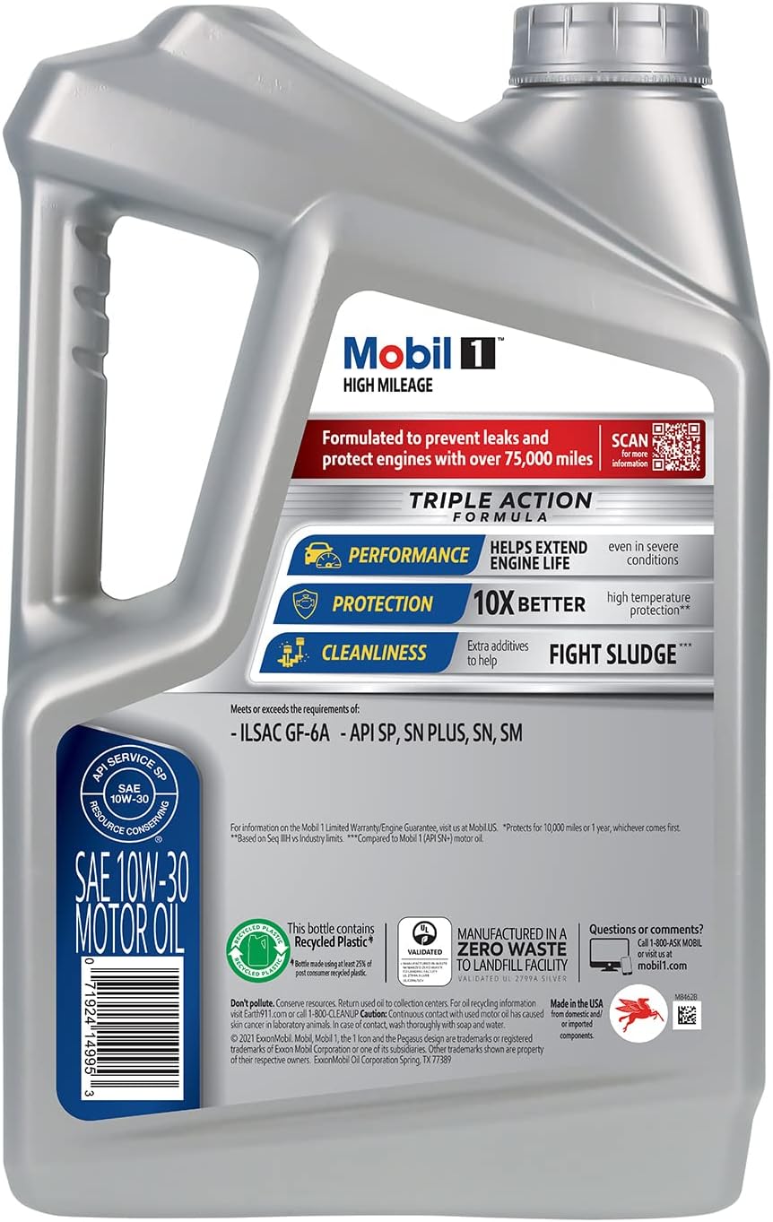 Mobil 1 High Mileage Full Synthetic Motor Oil 10W-30, 5 Quart