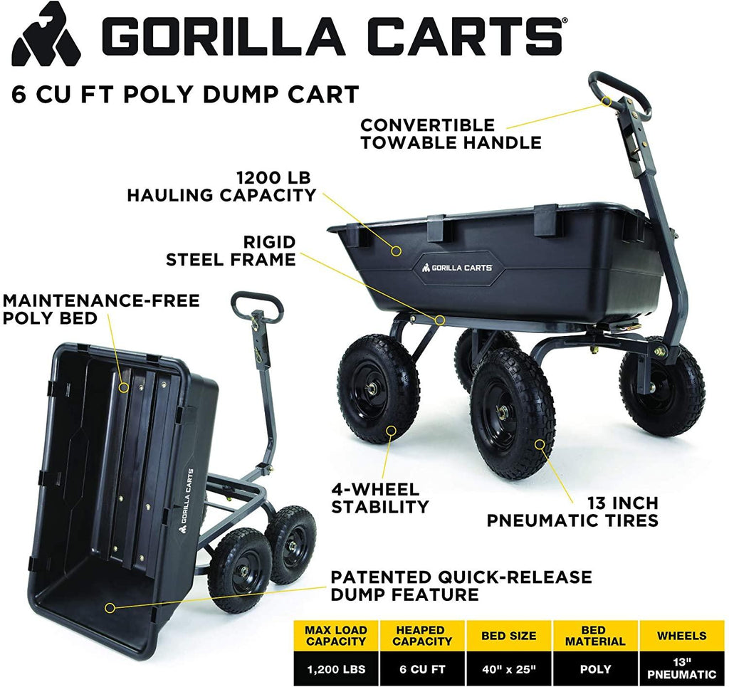 Gorilla Carts Heavy-Duty Poly Yard Dump Cart | 2-in-1 Convertible Handle, 1200 lbs Capacity | GOR6PS Model & Bond Manufacturing LH015 Mini D-Handle Round Point Shovel, 1-Pack, Red
