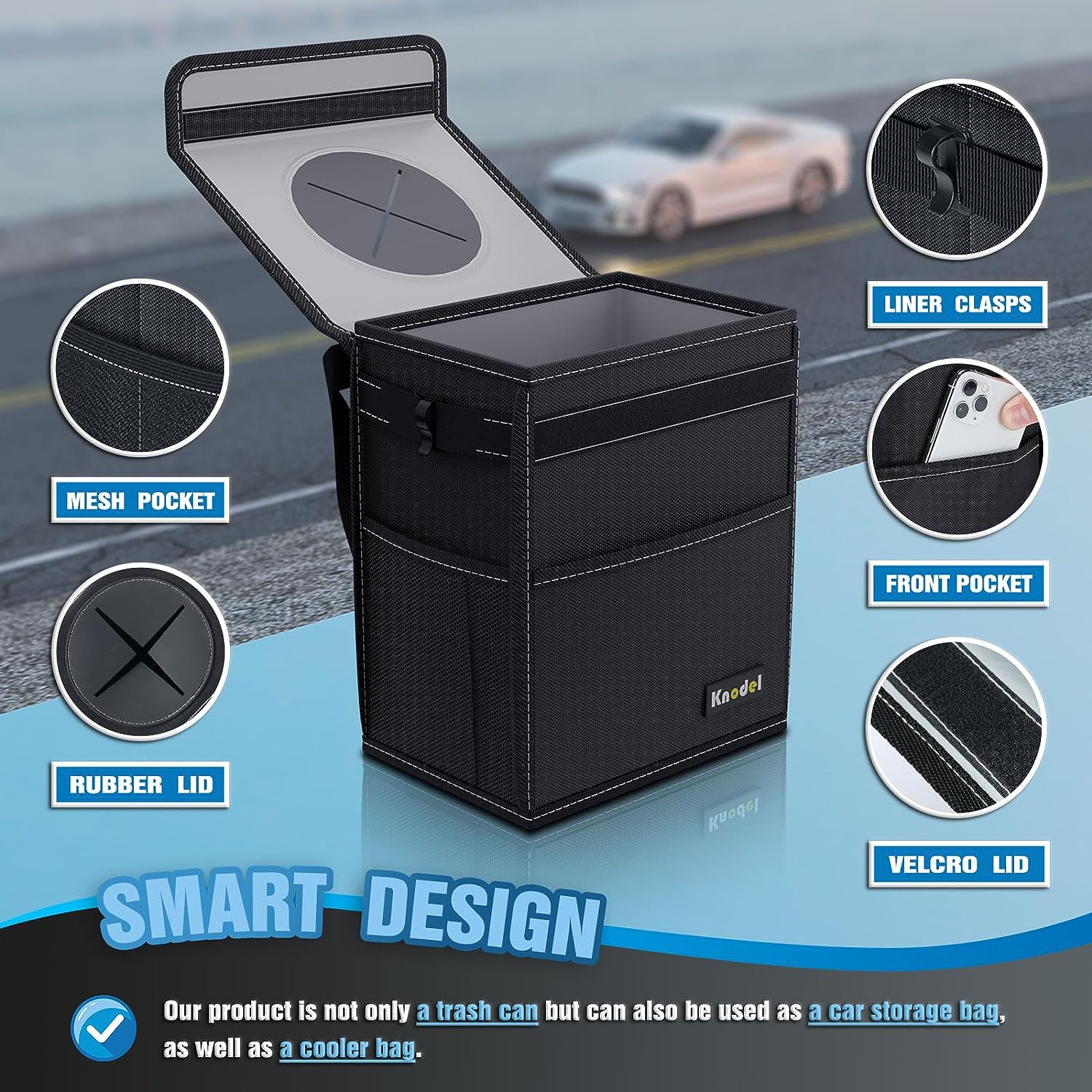 K KNODEL Car Trash Can, Waterproof Car Garbage Can, Car Trash Bag with Lid, Leak-Proof Car Trash Bin, Car Trash Hanging (Large, Black)
