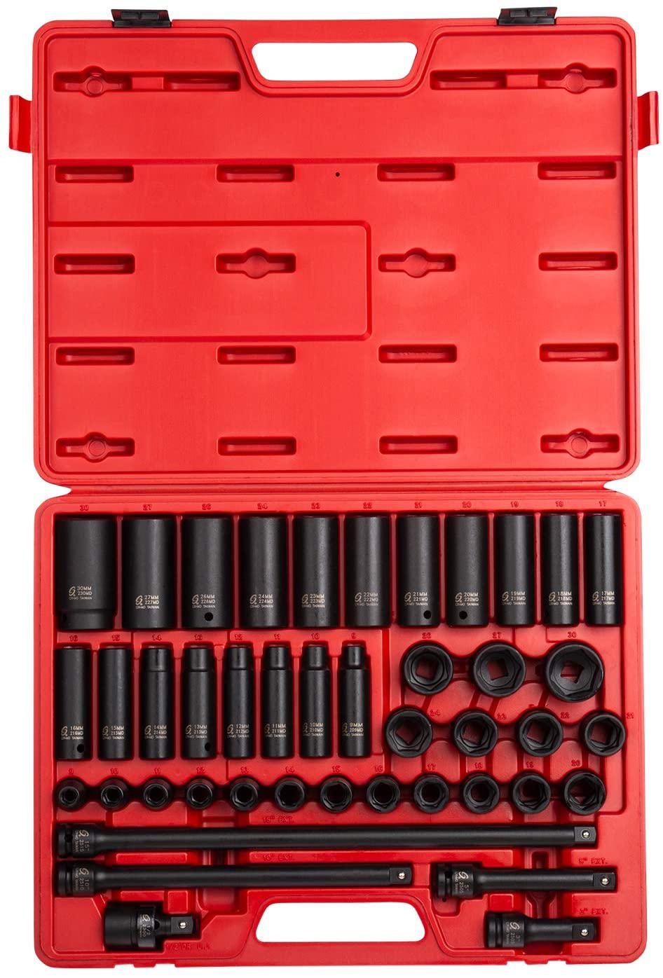 Sunex 2569, 1/2" Drive  Impact Socket Set, 43Piece, Metric, 9mm - 30mm, Standard/Deep, Cr-Mo Alloy Steel, Radius Corner , Heavy Duty StoraCase, Universal Joint &amp; Impact Extensions
