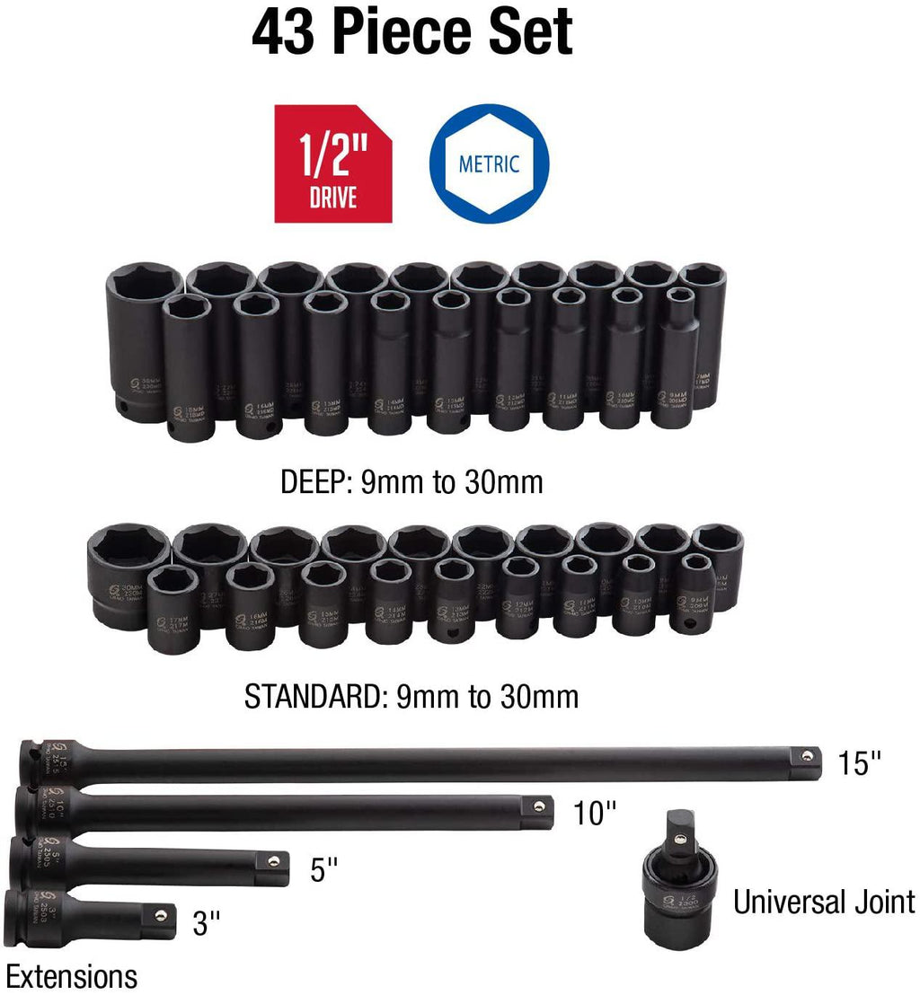 Sunex 2569, 1/2" Drive  Impact Socket Set, 43Piece, Metric, 9mm - 30mm, Standard/Deep, Cr-Mo Alloy Steel, Radius Corner , Heavy Duty StoraCase, Universal Joint &amp; Impact Extensions