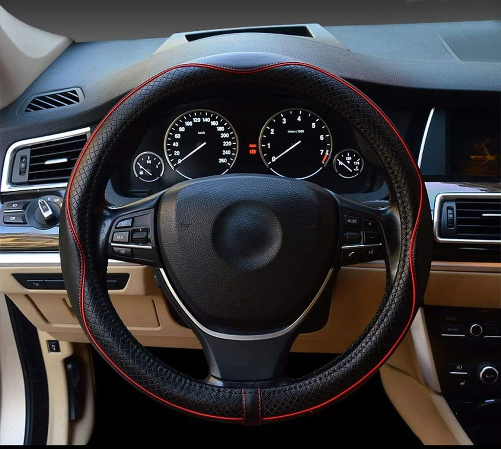 Valleycomfy Steering Wheel Covers Universal 15 inch - Genuine Leather, Breathable, Anti Slip &amp; Odor (Black with Red Lines, M(14" 1/2-15" 1/4))