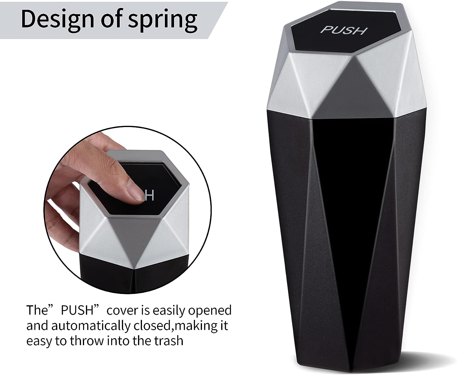 JUSTTOP Car Trash Can with Lid, Diamond  Small Automatic Portable Trash Can, Easy to Clean, Used in Car Home Office Interior Accessories, 2PCS(Silver)