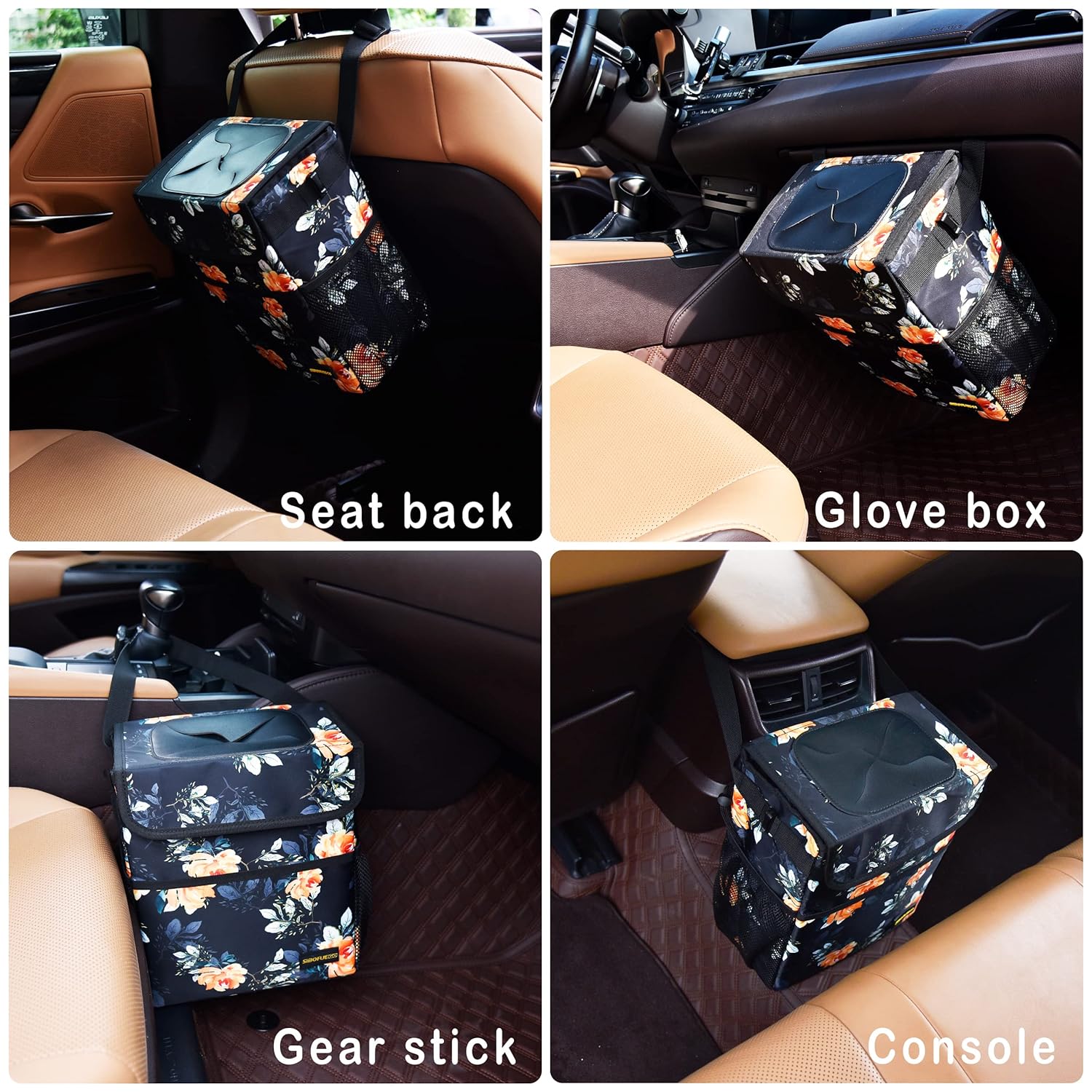 SIBOFUEGO Cute Car Trash Can with Lid - Leak Proof Hanging Waterproof Garbage Can with Storage Pockets Multipurpose Collapsible Car Organizer (Flower)