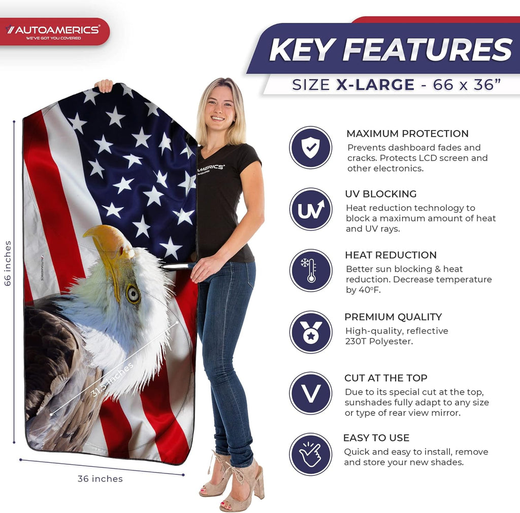 Autoamerics 1-Piece Windshield Sun Shade American Eagle Flag - 2 USA Patriotic  - Foldable Car Front Window Sunshade for Sedans SUV Truck - Blocks Max UV Rays and Keeps Your Vehicle Cool X-Large