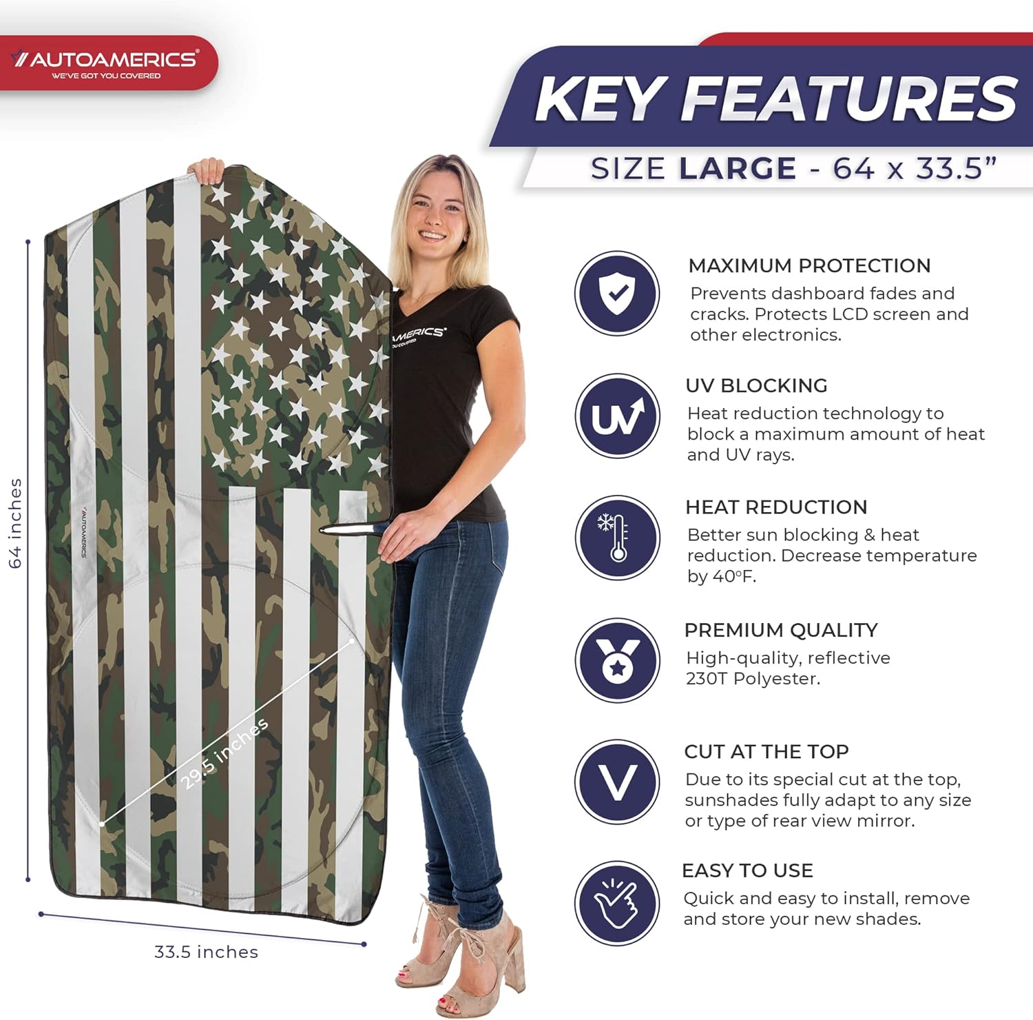 Autoamerics 1-Piece Windshield Sun Shade ERDL Camo American Flag USA  - Foldable Car Front Window Sunshade for Most Sedans SUV Truck - Blocks Max UV Rays and Keeps Your Vehicle Cool - Large