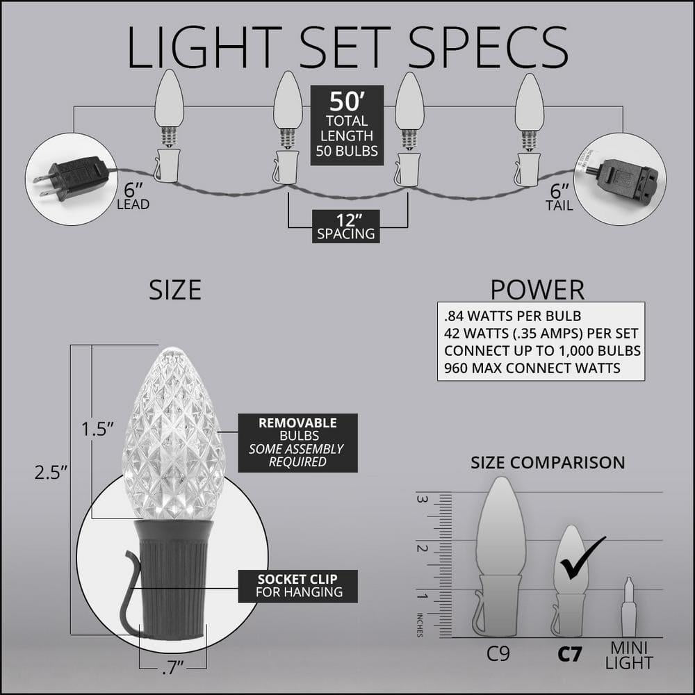 OptiCore 49 ft. 50-Light LED Red and Warm White Faceted C7 String Light Set