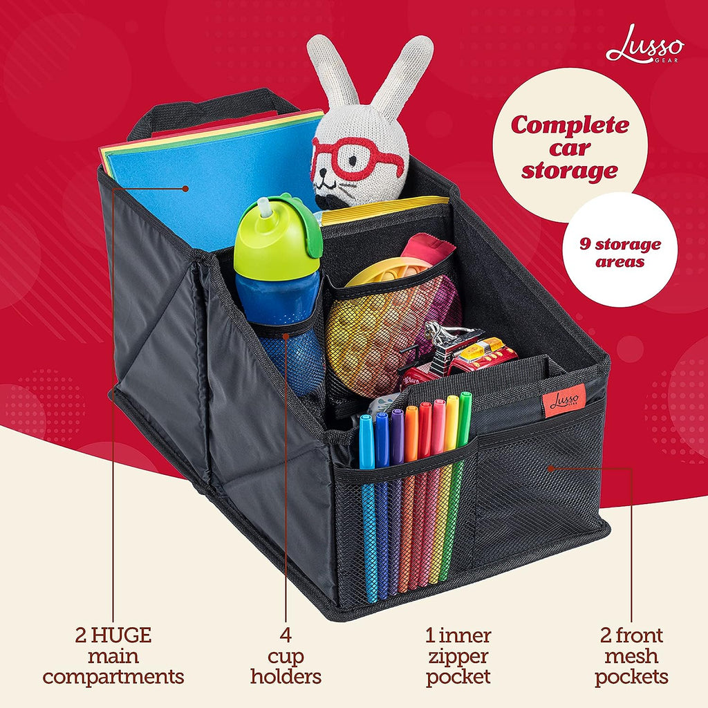 Lusso Gear Car Seat Organizer with Cup Holders for Front, Back, Passenger Seats, Truck and Van, 9 Auto Storage Compartments for Travel Organization of Trunk, Seats, Mobile Office (Black w Red Stitch)