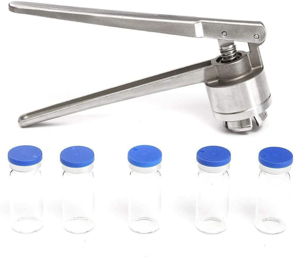 WHEEJE Industrial 20MM Manual Crimper Hand Seal Ring Machine Tool with 100 Vials and Stoppers and Caps Eye Pliers Tools