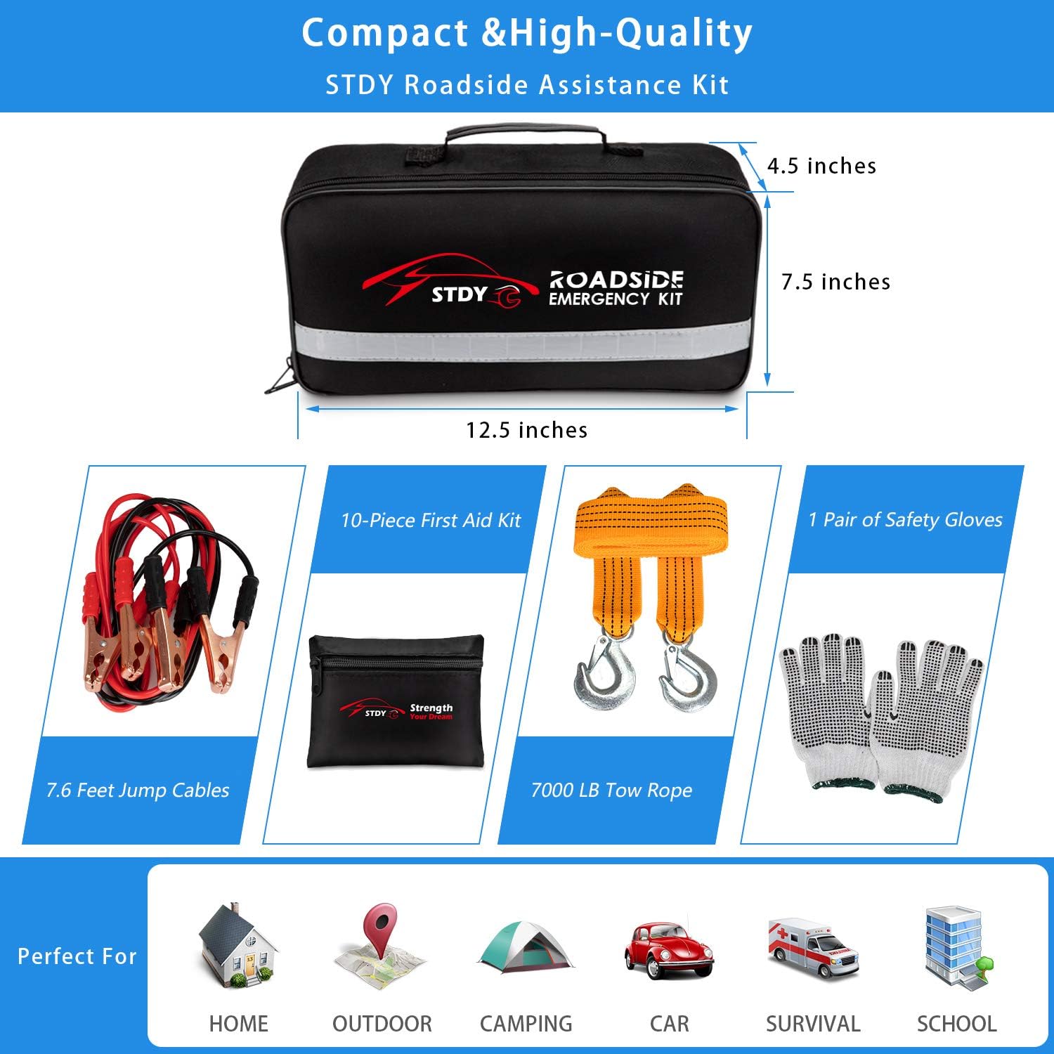 STDY Car Roadside Emergency Kit, Auto Vehicle Truck Safety Emergency Road Side Assistance Kits with Jumper Cables, Portable Air Compressor, First Aid Kit, Tow Rope, Reflective Triangle, etc