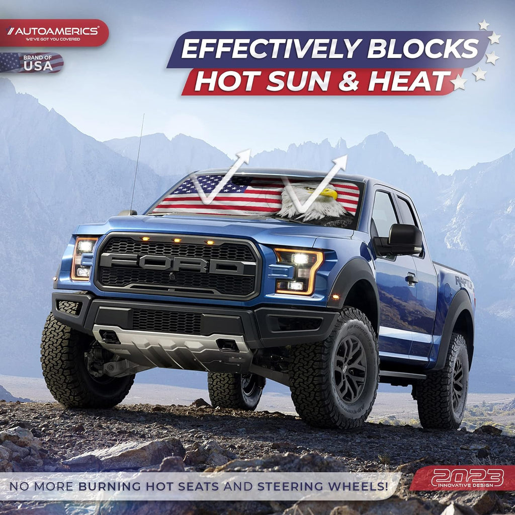 Autoamerics 1-Piece Windshield Sun Shade American Eagle Flag USA Patriotic  - Foldable Car Front Window Sunshade for Sedans SUV Truck - Blocks Max UV Rays and Keeps Your Vehicle Cool Medium