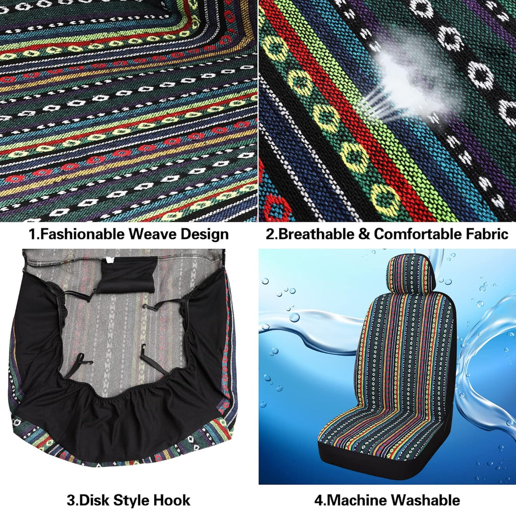Pariitadin Baja Saddle Blanket Car Seat Covers Front Set with Seat Belt Pads, Washable Breathable Striped Woven Cloth Seat Covers for Cars, Universal Fit Most Cars, Airbag Compatible, Red/Blue