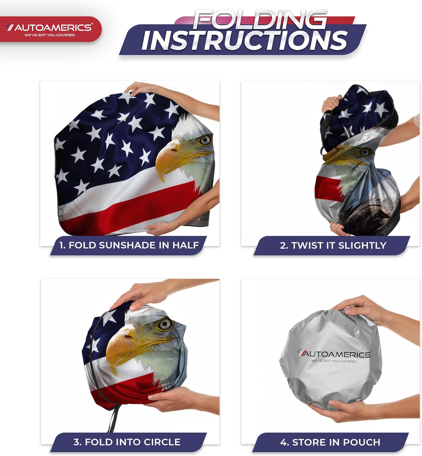 Autoamerics 1-Piece Windshield Sun Shade American Eagle Flag - 2 USA Patriotic  - Foldable Car Front Window Sunshade for Sedans SUV Truck - Blocks Max UV Rays and Keeps Your Vehicle Cool X-Large