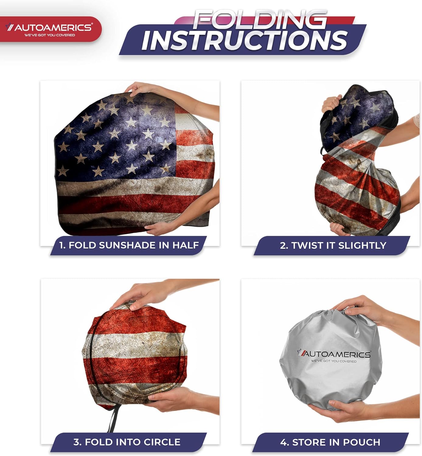 Autoamerics 1-Piece Windshield Sun Shade Grunge American Flag - 2 USA  - Foldable Car Front Window Sunshade for Most Sedans SUV Truck - Blocks Max UV Rays and Keeps Your Vehicle Cool - Medium