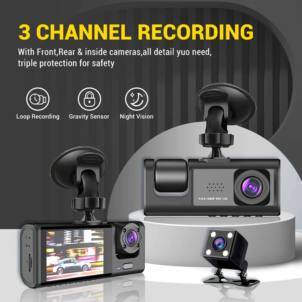 3 Channel Dash Cam Front And Rear Inside,1080P Dash Cam IR Night Vision, Loop Recording Car DVR Camera 3 Lens  With 2 Inch IPS Screen 3 Cameras Car Dashcam,car Black Box Recording At Same Time,Wide Angle Dashboard Camera Recorder