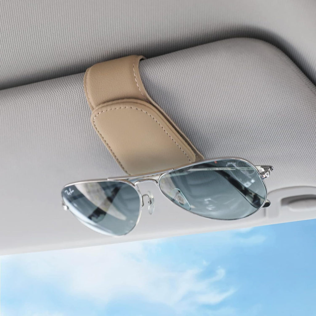 Sunglass Holder for Car Visor Sunglasses Clip Magnetic Leather Glasses Eyeglass Holder Interior Car Accessories for Woman Man - 2 Packs Beige