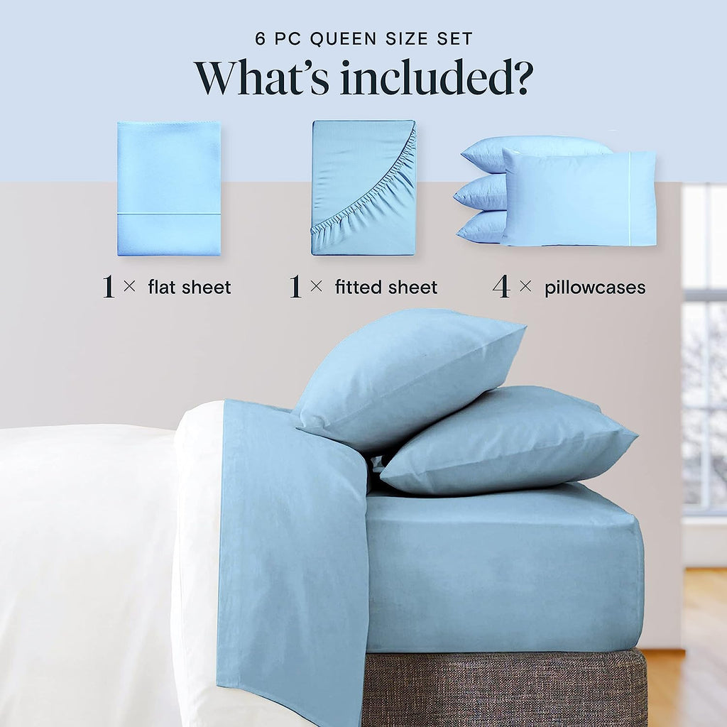LuxClub 6 PC Full Size Sheet Set Bamboo Sheets Deep Pockets 18" Eco Friendly Wrinkle Free Cooling Sheets Machine Washable Hotel Bedding Silky Soft - Sky Full