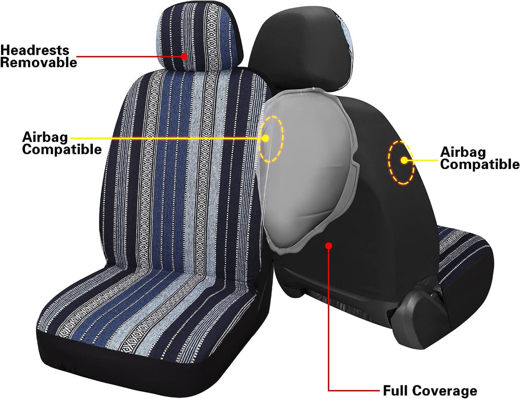 Pariitadin Baja Saddle Blanket Car Seat Covers Front Set with Seat Belt Pads, Washable Breathable Striped Woven Cloth Seat Covers for Cars, Universal Fit Most Cars, Airbag Compatible, Blue