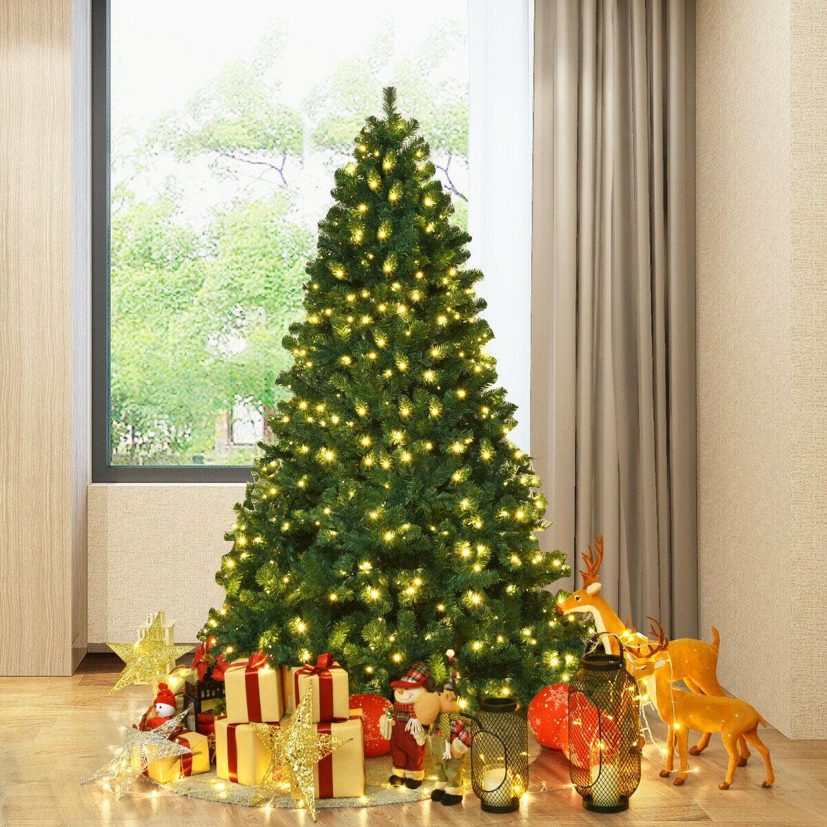 Gymax Pre-Lit PVC 7' Artificial Christmas Tree Hinged LED Lights Metal Stand