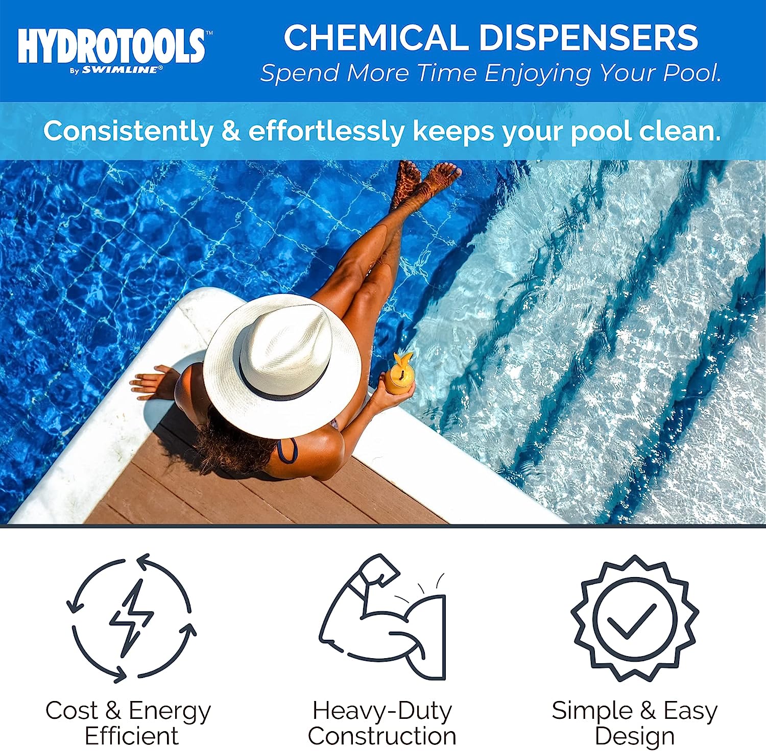 HYDROTOOLS BY SWIMLINE 87400 Large Capacity Pool &amp; Spa Chemical Dispenser Thermometer Combo | Compatible Bromine &amp; Chlorine Supports 1-3’’ Tablets | Adjustable Customizable Flow Rate | Cost Effective