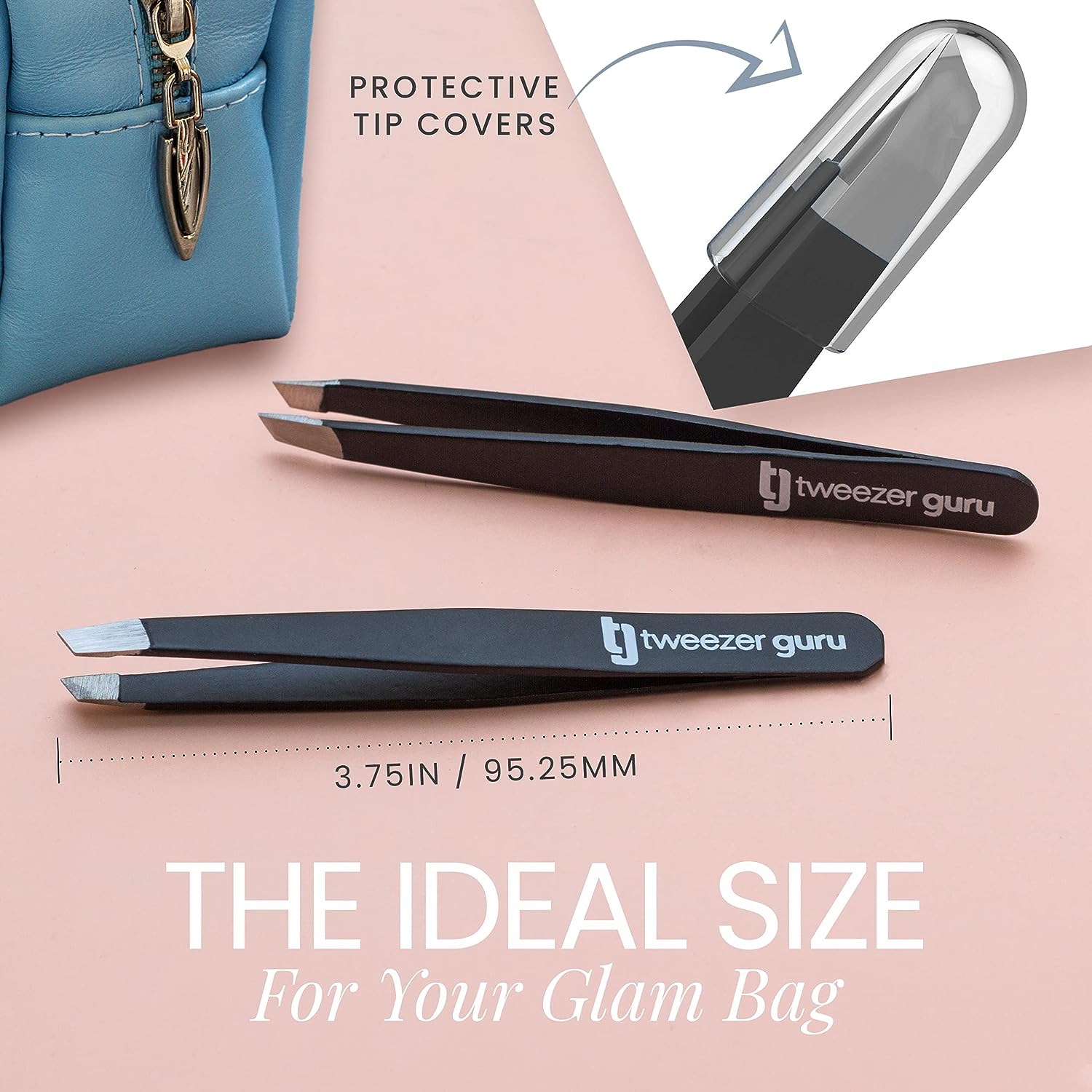 Tweezer Guru Tweezers for Women - 2pc Slant Pointed Precision Tweezers for Eyebrows &amp; Ingrown Hair Removal - Blackhead and Splinter Tweezer with Sharp Needle Nose Point for Plucking (Black +Bold Blue)