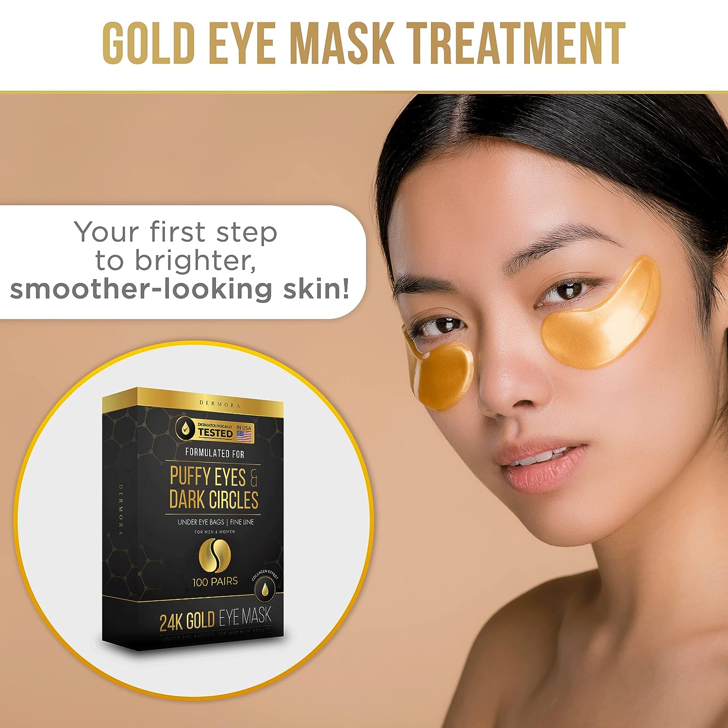 DERMORA Skin Treatment Mask 24K Gold Eye Mask - 100 Pairs Eye Gels - Rejuvenating Treatment for Revitalizing,Dark Cirlce,Puffiness,Refresh,Travel,Wrinkles (100 Pairs)