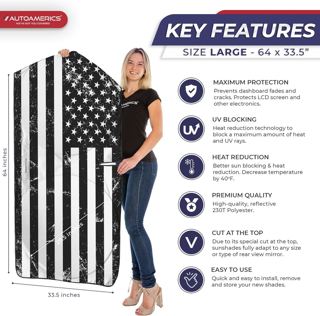 Autoamerics 1-Piece Windshield Sun Shade Grunge B&amp;W American Flag USA  - Foldable Car Front Window Sunshade for Most Sedans SUV Truck - Blocks Max UV Rays and Keeps Your Vehicle Cool - Large