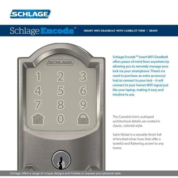 Camelot Satin Nickel Encode Smart Wi-Fi Deadbolt with Alarm and Camelot Handle Set with Accent Lever with Camelot Trim