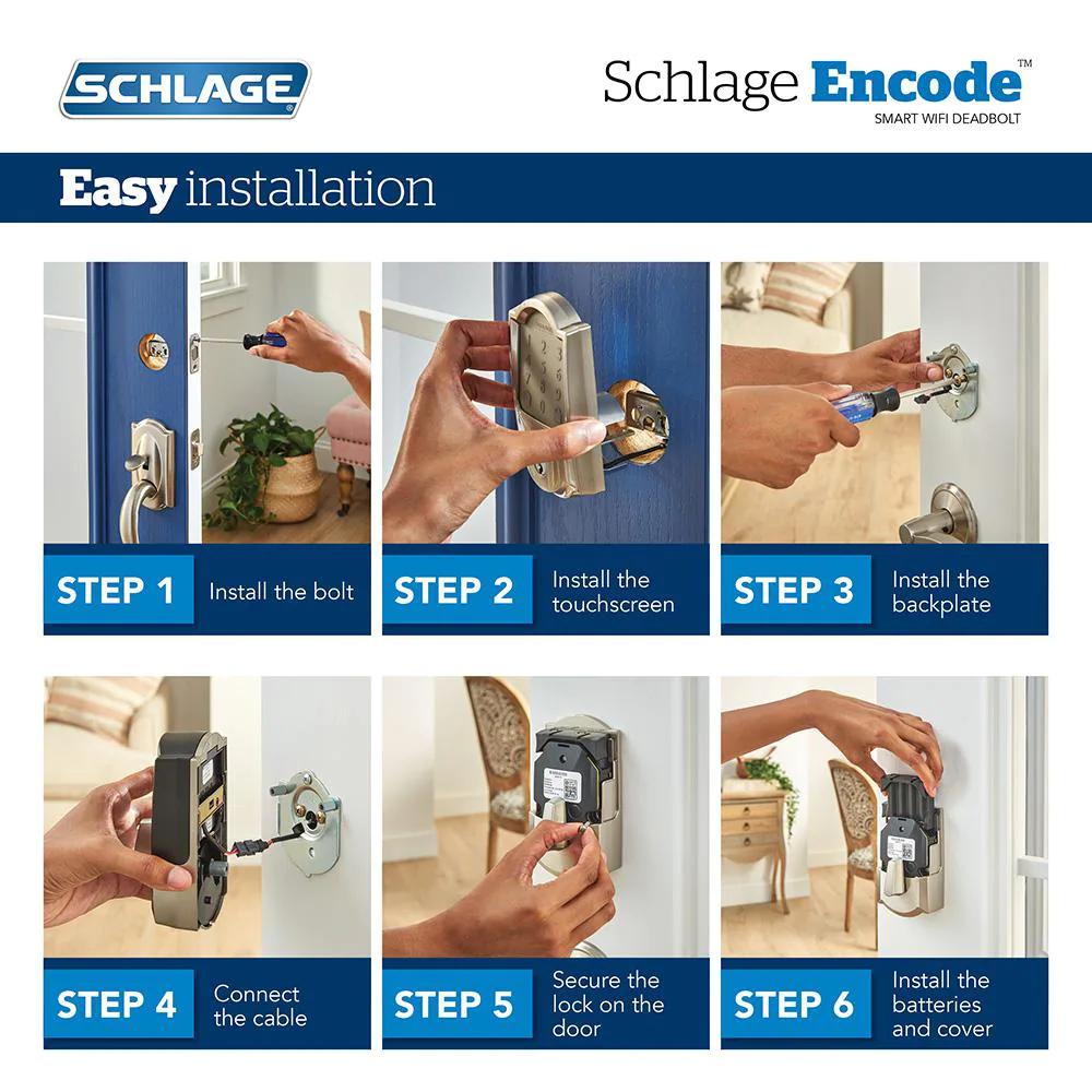 Camelot Satin Nickel Encode Smart Wi-Fi Deadbolt with Alarm and Camelot Handle Set with Accent Lever with Camelot Trim