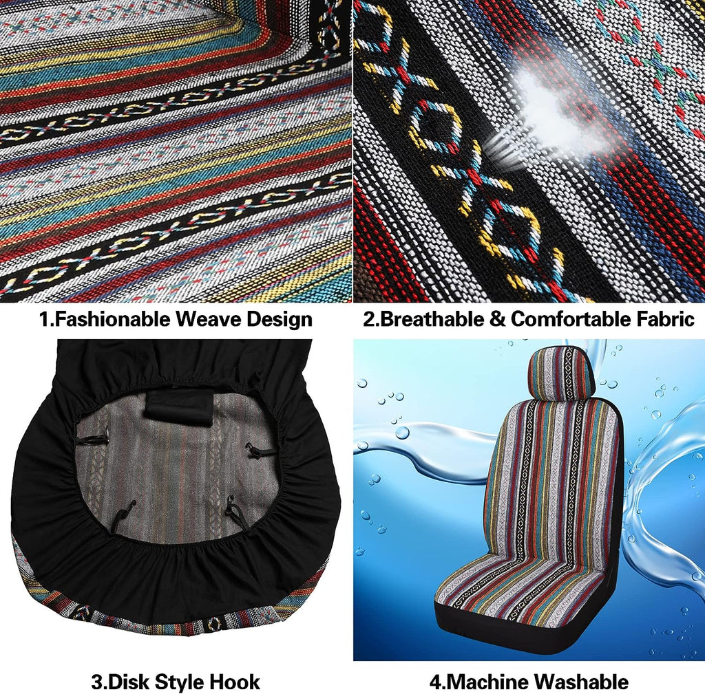 Pariitadin Baja Saddle Blanket Car Seat Covers Full Set with Seat Belt Pads, Washable Breathable Striped Woven Cloth Seat Covers for Cars Interior, Universal Fit Most Cars, Airbag Compatible, Red